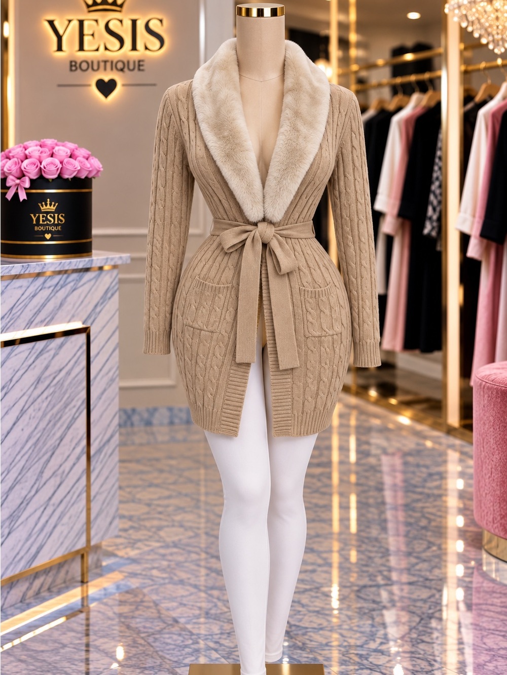 Cozy Tan Cable Knit Cardigan with Faux Fur Collar
